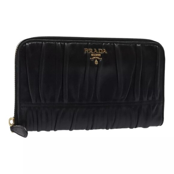 PRADA Gathered Wallet Leather Black Gold Auth - Picture 1 of 15
